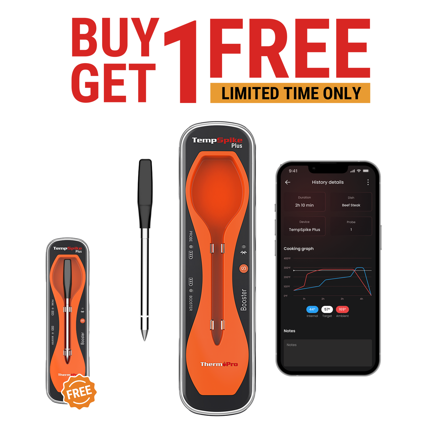 Buy 1 Get 1 FREE: TP970 TempSpike Plus Truly Wireless Bluetooth Meat Thermometer – 600ft Range
