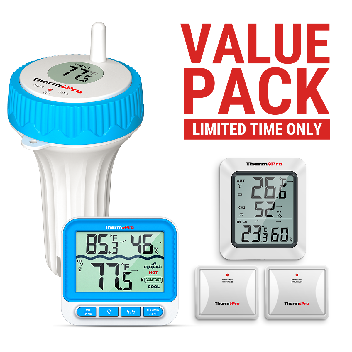 Value Pack: ThermoPro TP211B Digital 500-ft Wireless Pool Thermometer &ThermoPro TP60B Digital Indoor/Outdoor 500-ft Wireless 2-Sensor Hygrometer/Thermometer