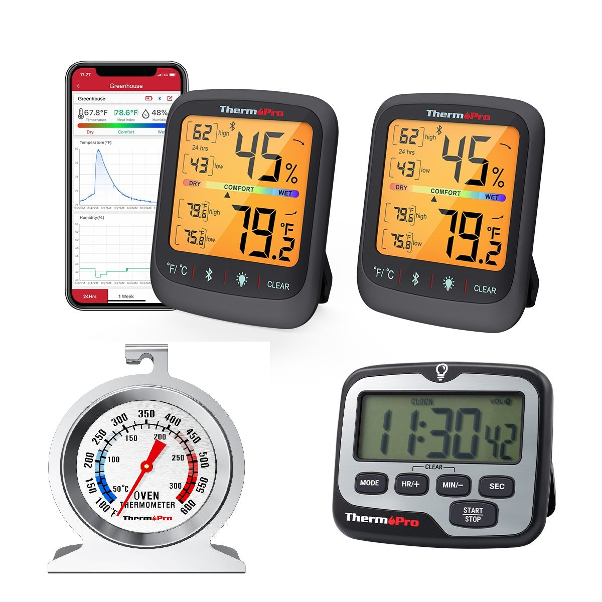 Thanksgiving Value Pack:ThermoPro TP359W 2-Pack Bluetooth Thermometer/Hygrometer&TM01 Kitchen Timer&AOT200 Oven Thermometer