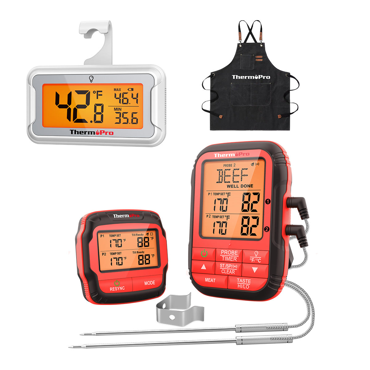 Value Pack:TP828BW Remote Meat Thermometer with 500ft wireless range & TP110 Refrigerator Thermometer & ThermoPro Apron