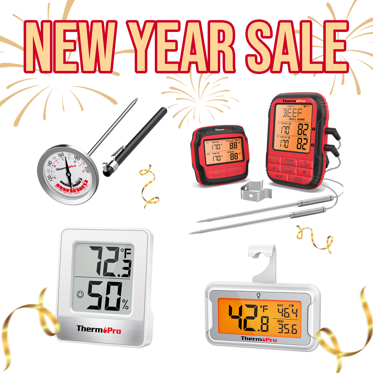 Pack spécial Nouvel An : Thermomètre à viande à distance ThermoPro TP828BW (portée sans fil de 150 m), thermomètre pour réfrigérateur TP110, thermomètre-hygromètre d’intérieur TP49W et thermomètre à viande à lecture instantanée APT200-12A