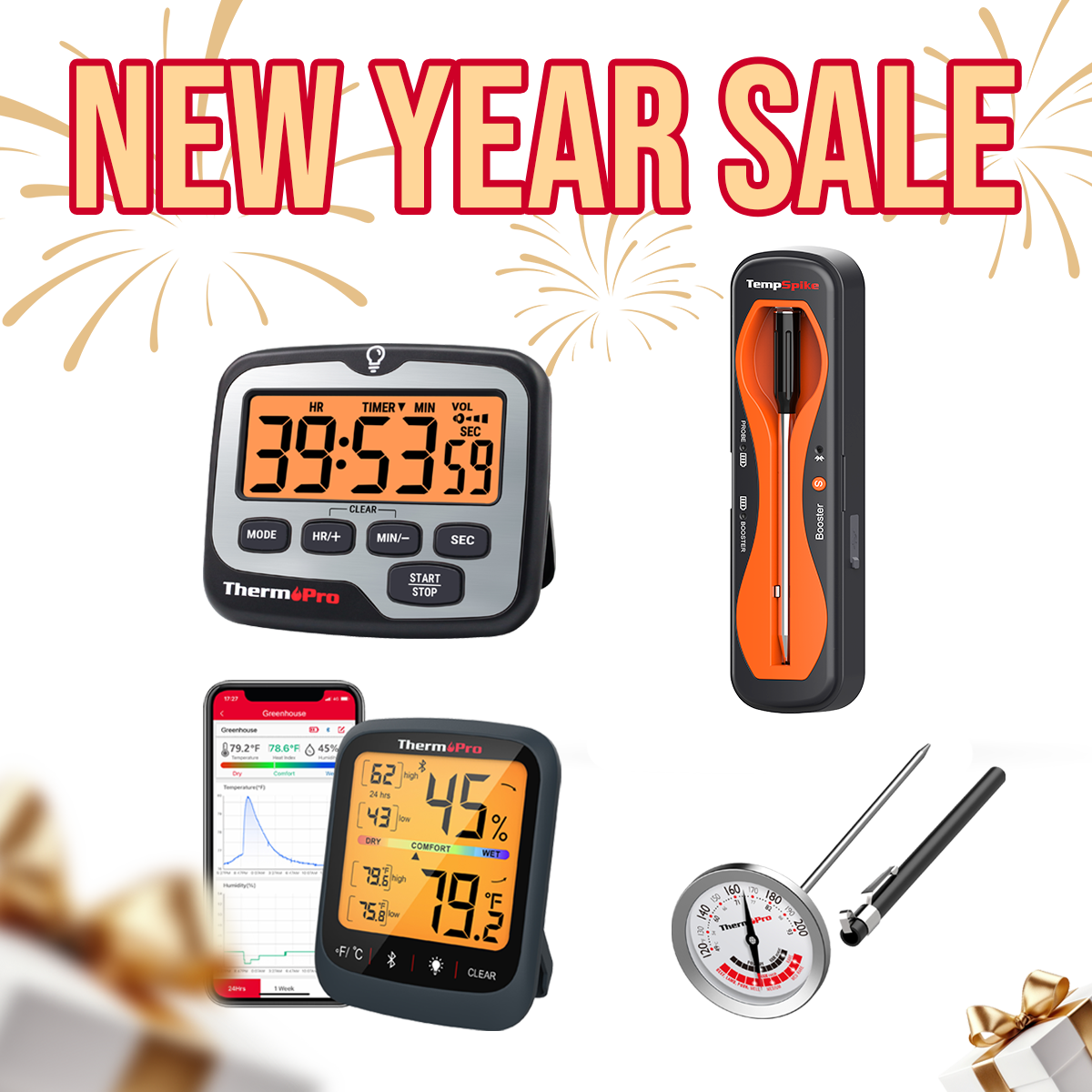 Pack spécial Nouvel An : Thermomètre à viande Bluetooth TempSpike TP960, thermomètre/hygromètre Bluetooth TP359W, minuteur de cuisine TM01 et thermomètre à viande à lecture instantanée APT200-12A