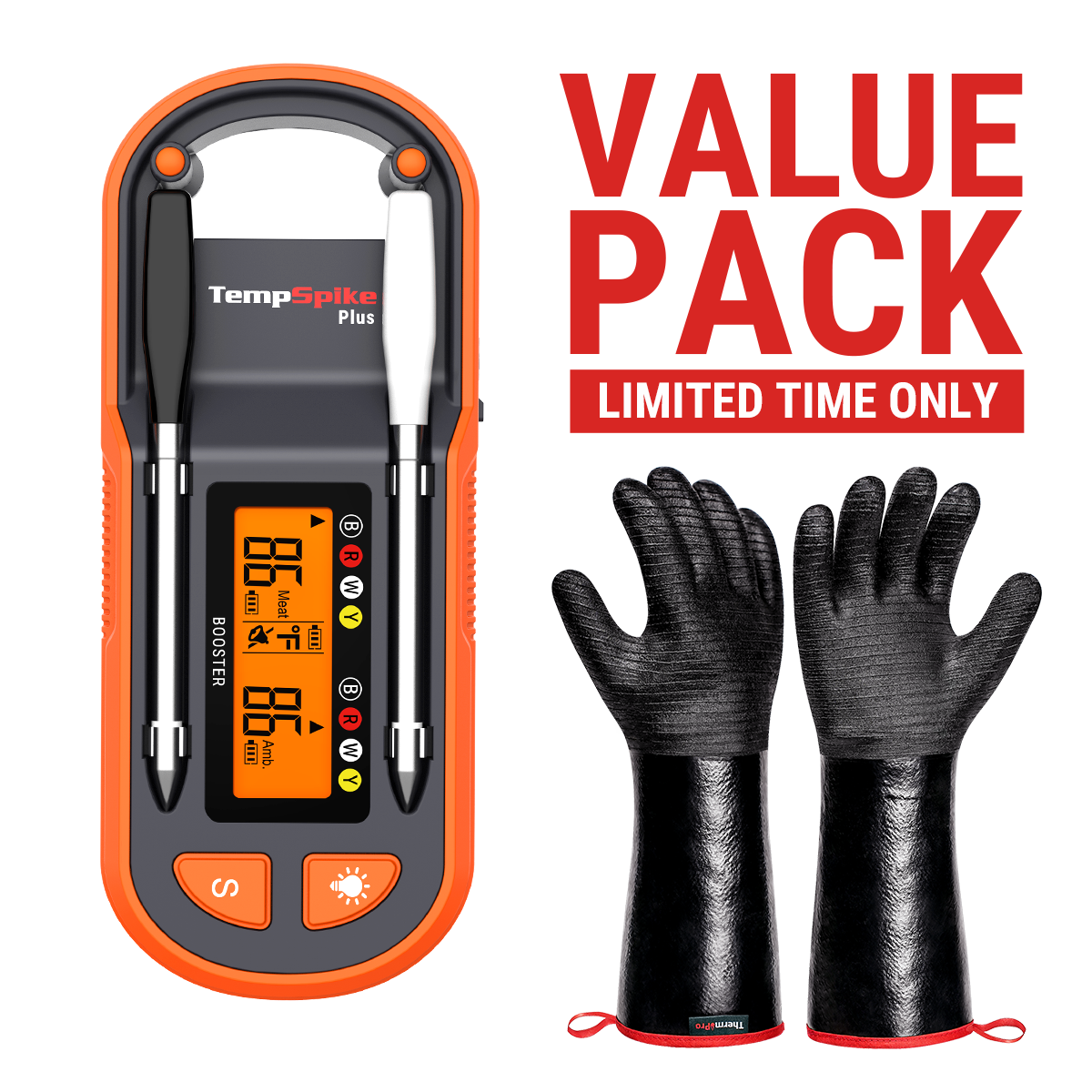 Value Pack- TP972 Twin TempSpike Plus Bluetooth Meat Thermometer & TP100 Heat Resistant BBQ Gloves