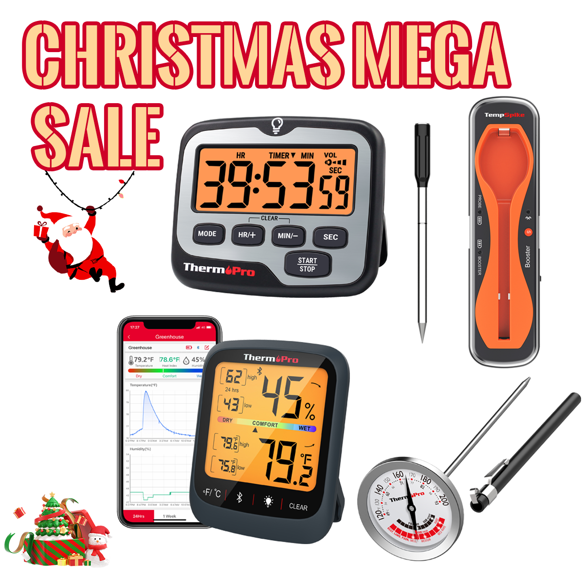 Christmas Special Pack: TP960 TempSpike Bluetooth Meat Thermometer & TP359W Bluetooth Thermometer/Hygrometer & TM01 Kitchen Timer & APT200-12A Instant Read Meat Thermometer