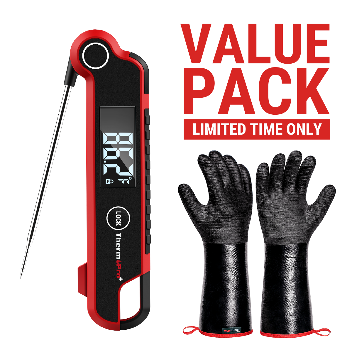 Pack économique : thermomètre à viande à lecture instantanée TP620 et gants de barbecue résistants à la chaleur TP100 (932 °F)