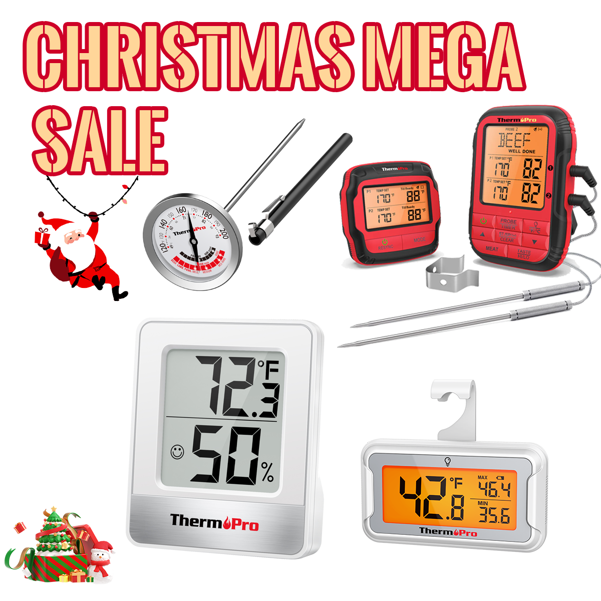 Christmas Special Pack:ThermoPro TP828BW Remote Meat Thermometer with 500ft wireless range & TP110 Refrigerator Thermometer & TP49W Indoor Thermometer Hygrometer & APT200-12A Instant Read Meat Thermometer