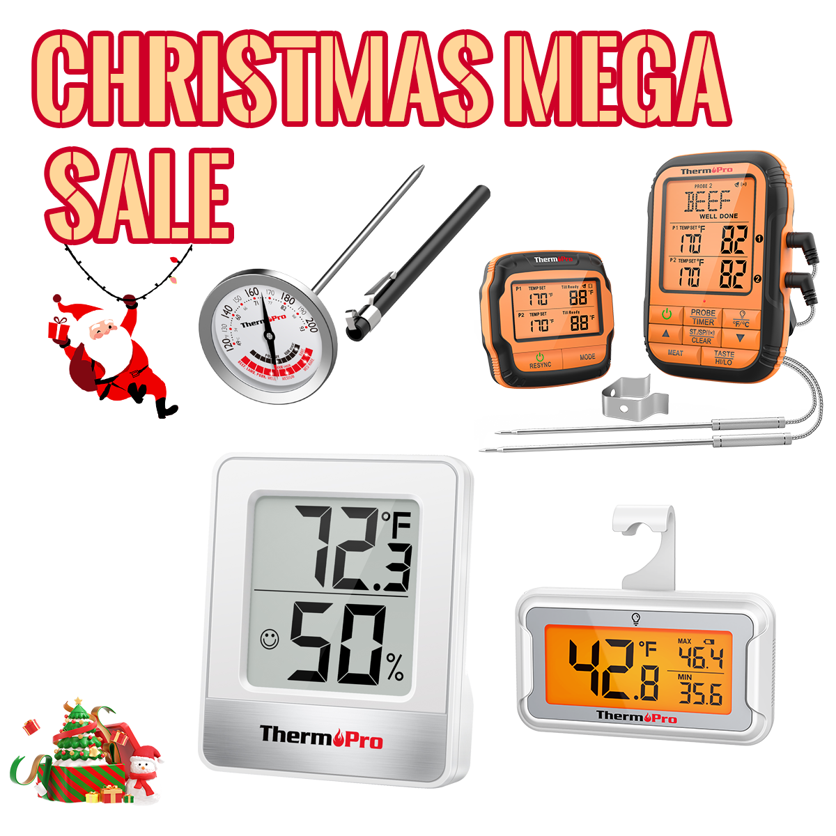 Christmas Special Pack:ThermoPro TP828BW Remote Meat Thermometer with 500ft wireless range & TP110 Refrigerator Thermometer & TP49W Indoor Thermometer Hygrometer & APT200-12A Instant Read Meat Thermometer