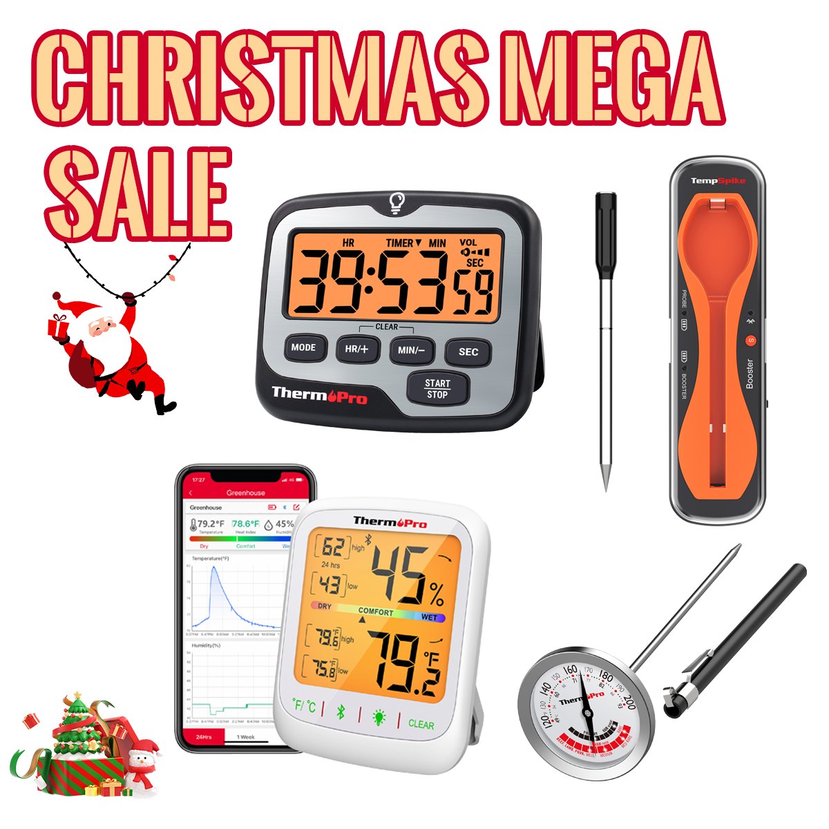 Christmas Special Pack: TP960 TempSpike Bluetooth Meat Thermometer & TP359W Bluetooth Thermometer/Hygrometer & TM01 Kitchen Timer & APT200-12A Instant Read Meat Thermometer