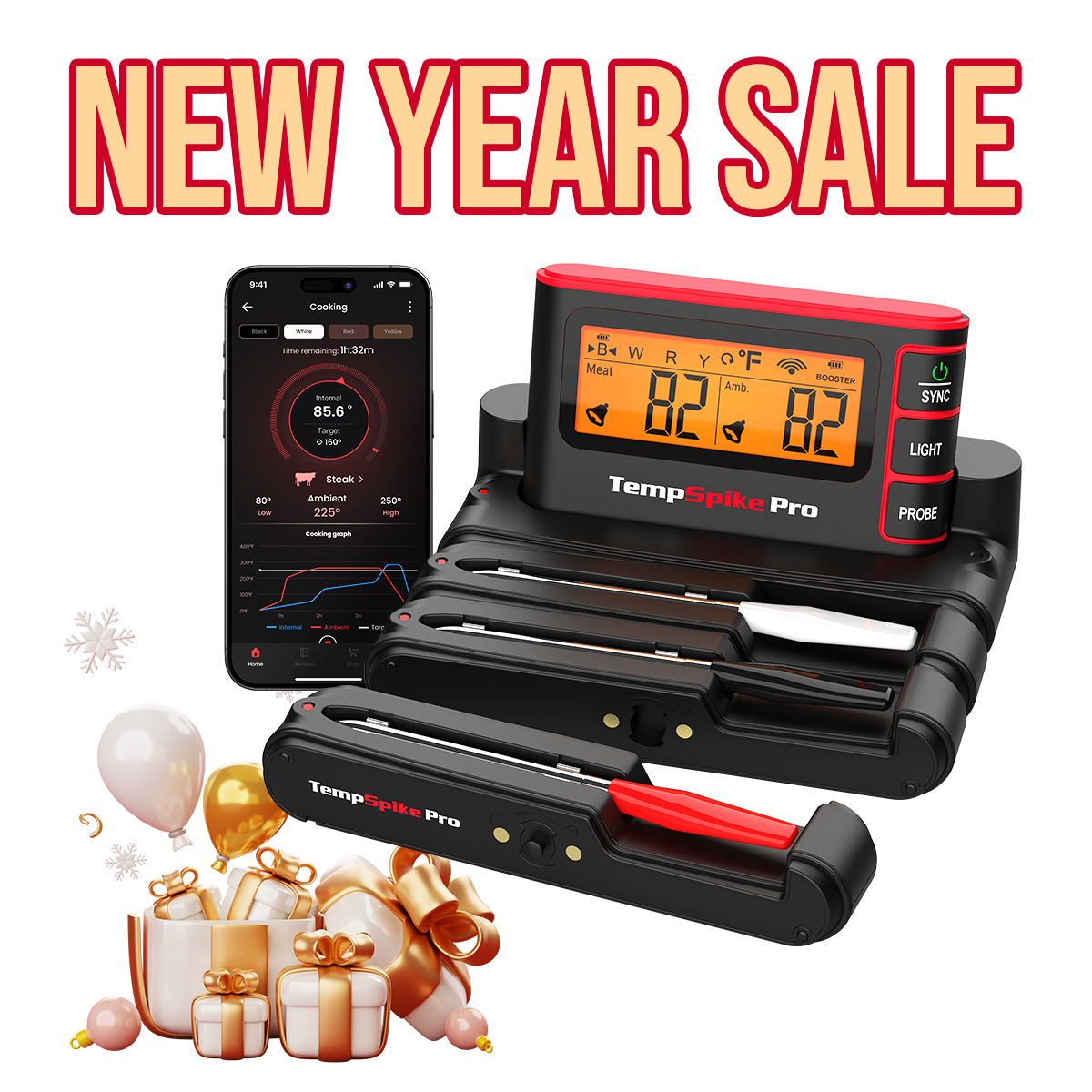 Thermomètre à viande sans fil TempSpike Pro TP980 avec Wi-Fi et Bluetooth, 3 sondes, portée illimitée