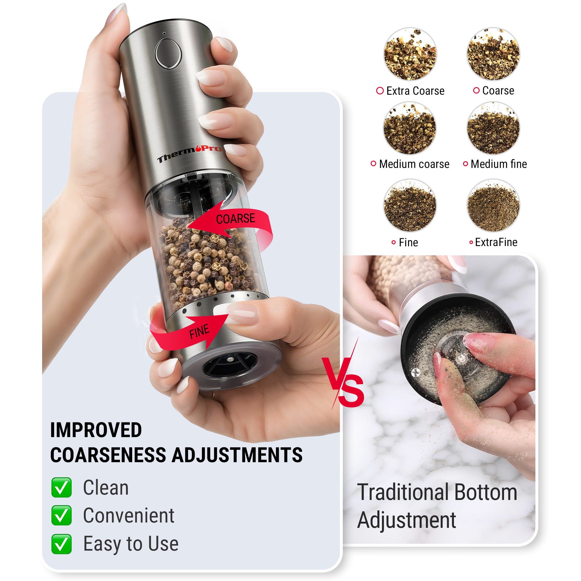ThermoPro APG710-2 2-Pack Electric One-Handed Salt & Pepper Grinder Set