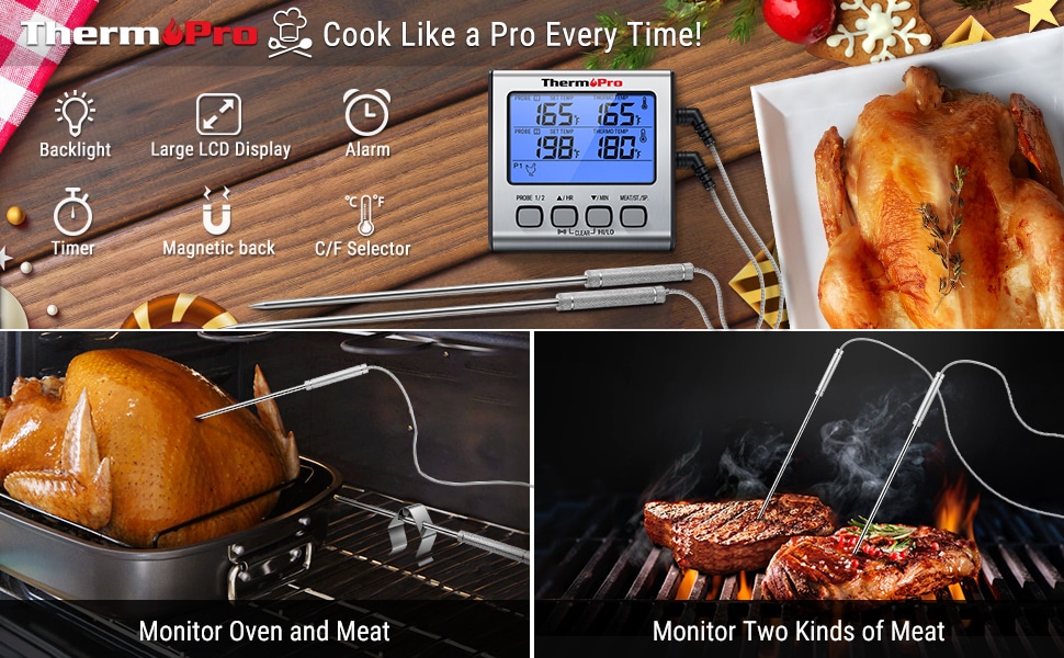 ThermoPro TP17 Digital Kitchen Thermometer Dual stainless-steel Meat Probes Meat  Thermometer For Oven With Timer And Backlight