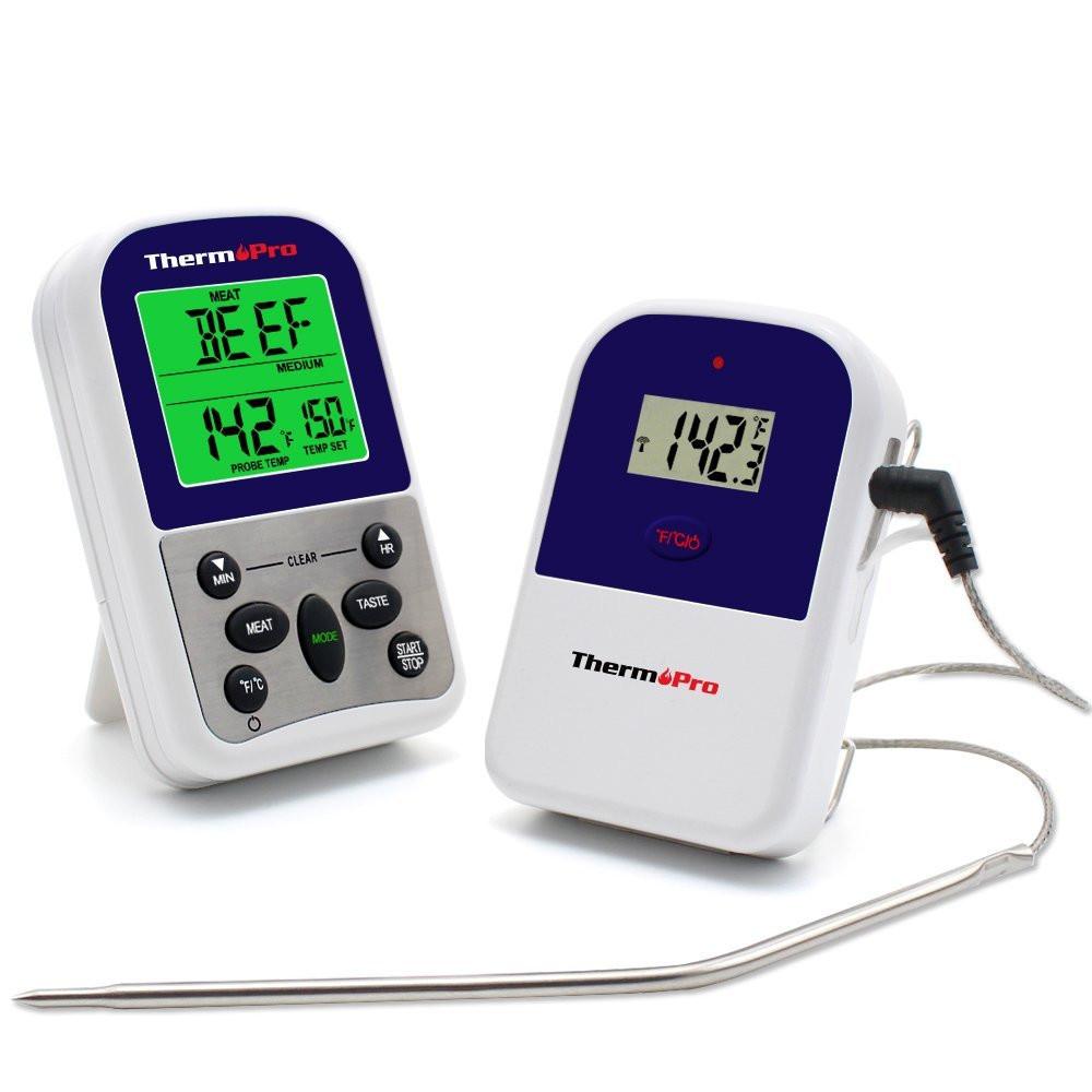 ThermoPro TP-11 Thermometer Front View Receiver and Transmitter Probe Cord Attached